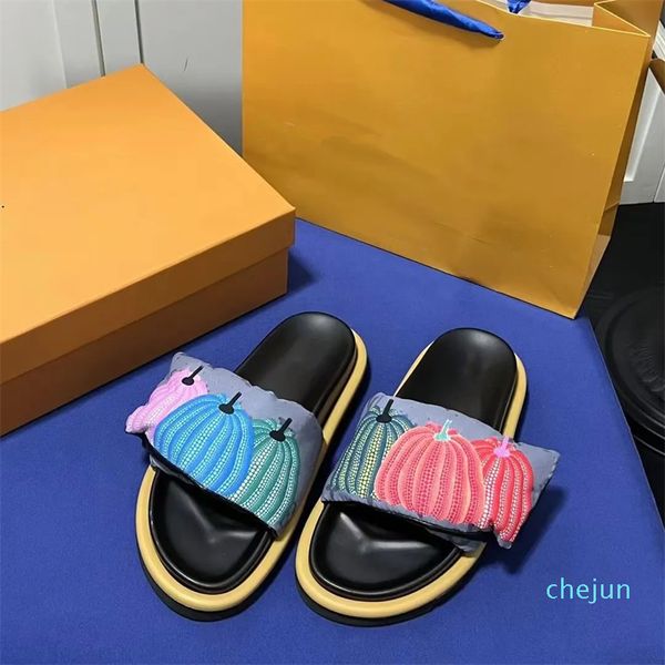 Chinelos de grife Sandálias masculinas e femininas Estampa de sol e abóbora Sapatos de luxo com sola grossa Tecido de seda Chinelos casal Jelly Beach tamanho 35-44