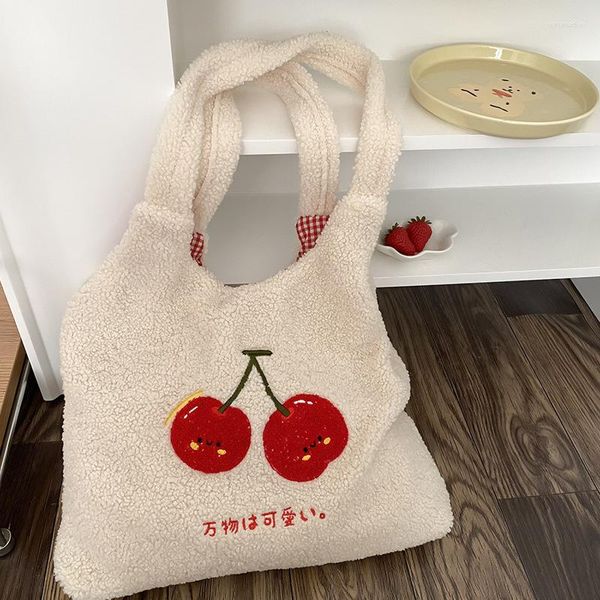 Abendtaschen Damen Plüsch Kirsche Stickerei Tote Umhängetasche Flauschige Canvas Handtaschen Lamm wie Stoff Großes Einkaufen Mädchen Süßes Buch