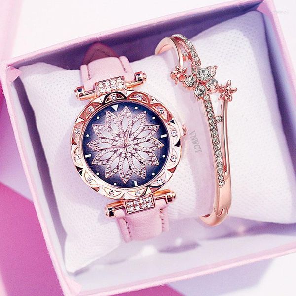 Orologi da polso Lucky Flower Women Watch Bracciale Romantic Starry Ladies Casual Orologio da polso al quarzo in pelle Orologio Relogio Feminino