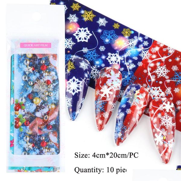 Adesivos decalques 10 pçs/pacote Natal inverno conjunto de folhas de unhas Papai Noel flocos de neve transferência de arte slider manicure decoração envoltório Chs Dhth5