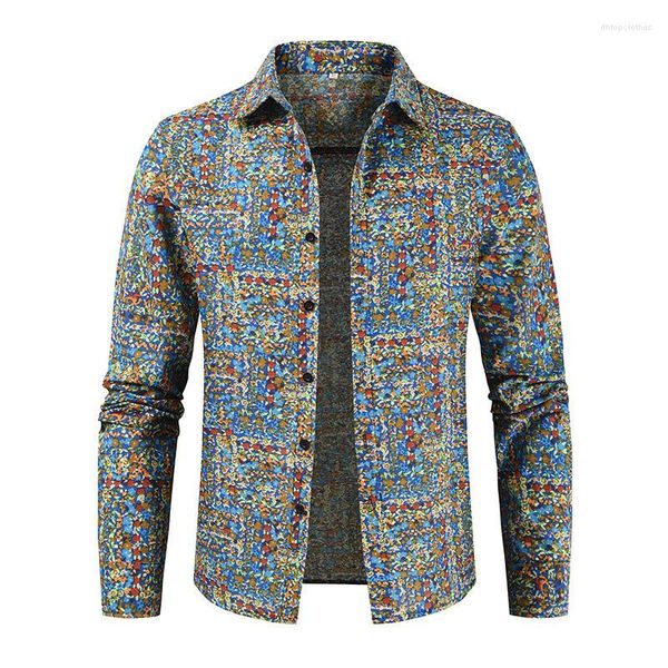 Camicie casual da uomo 2023 Primavera Uomo Boho Chic Camicia con stampa floreale etnica Camicia a maniche lunghe in lino Colletto rovesciato intelligente