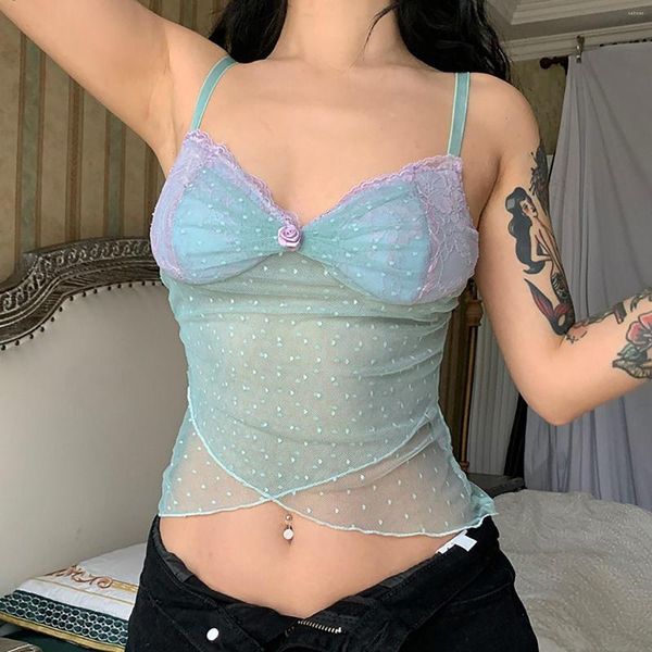 Regata feminina Sexy Mesh Polka Dot Crop Top Costura Floral Sling Y2K Camis Tops Streetwear Sem Costas Para Mulheres 2023