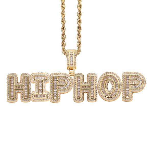 Colares com nome de letra personalizada Iced Out Pingente de zircônia cúbica banhado a ouro 14K com corrente de corda trançada de aço inoxidável de 3 mm e 24 polegadas, joias modernas personalizadas de hip hop