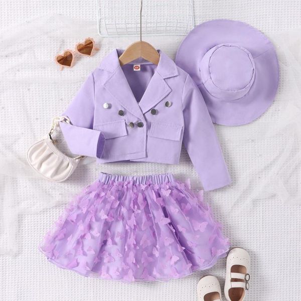 Conjuntos de roupas roupas infantis com chapéu menina menina manga comprida casaco borboleta tule saia conjunto de três peças para roupas infantis de 4 a 7 anos