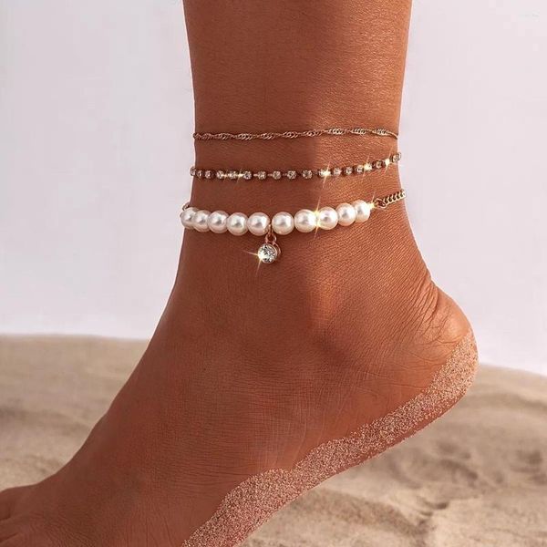 Cavigliere 7 stili Boho imitazione catena di perle cavigliera con ciondolo strass per le donne estate vintage pietra braccialetto alla caviglia gamba piede gioielli