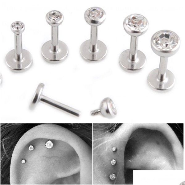 Labret Dudak Piercing Mücevher Damızlık Kıkırdak Helix Tragus Temiz Kristal Kulak Küpe Küpe Çubuğu Dahili Dişli 16G Elmas Ri Dhnz7