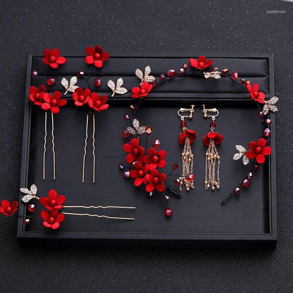 Collana Orecchini Set Costume tradizionale cinese Abito Tiara Copricapo rosso Forcine per capelli Accessori da sposa Nappa lunga