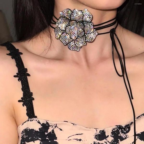 Halsband Vintage Samt Strass Große Blume Halsband Halskette Gothic Schwarzer Wachsfaden Langes Seil Kristall Damen Halsschmuck