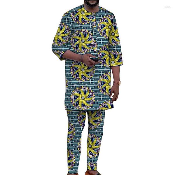 Tute da uomo Stampa africana Abito da sposo stile semplice Uomo Moda nigeriana Maniche a 3/4 Pantalone Abiti da festa di nozze