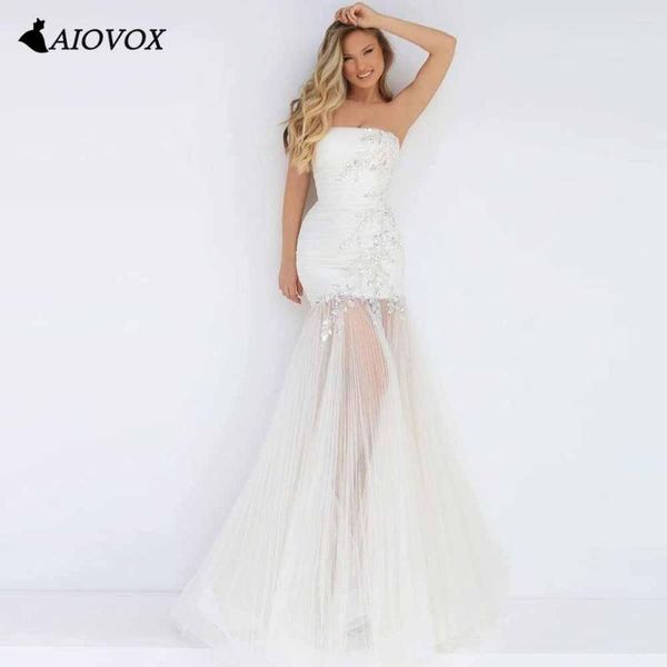 Vestidos de Festa AIOVOX Elegante Sem Alças Sereia Frisado Homecoming Moderno Sexy Tule Ilusão Bainha Cocktail Vestidos De Gala