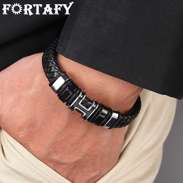 Corrente FORTAFY Pulseira de Couro Genuíno Tecido de Aço Inoxidável Ímã Fivela H Charm Pulseira de Tecido Moda Jóias Masculinas FR0977 230706