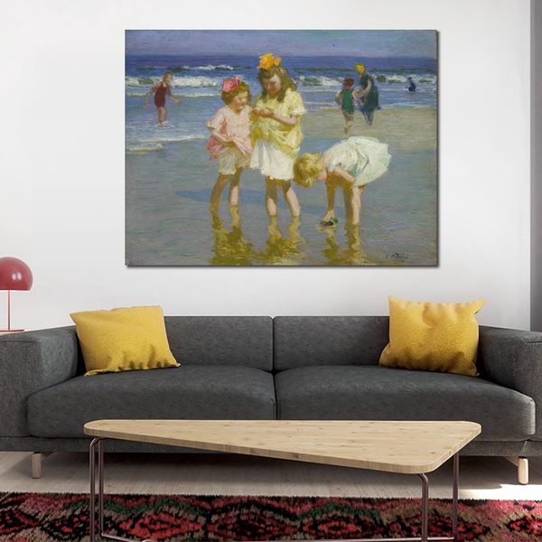 Seascape Canvas Art Three Children on The Beach Edward Henry Potthast Painting Handmade Beach Landscape Art Home Decor