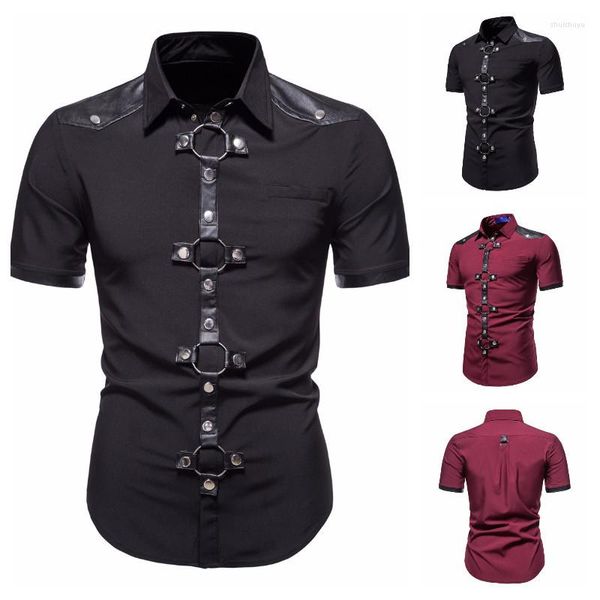 Camicie casual da uomo 2023 Summer Punk Camicia a maniche corte Rivetto gotico Abbigliamento sportivo Moda Nero Rosso Tinta unita Top Abbigliamento