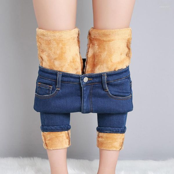 Kadınlar Kot pantolon Termal Kış Kar Sıcak Peluş Peluş Peluş Lady Sıska Kırık Öğrenciler Denim Pantolon Polar Mom Fur Tr tr