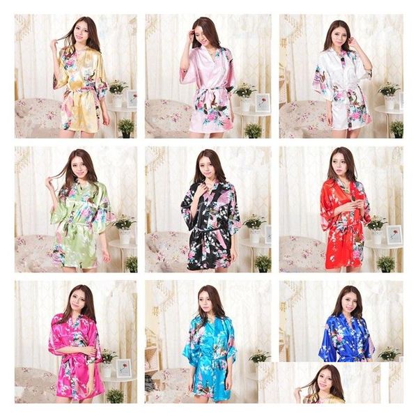 Ev Giyim 14 Renk S-XXL Seksi Kadınlar Japon ipek Kimono Robe Pijama Nightdress Sweatwear Kırık Çiçek T2I245 DRAP TESLİM