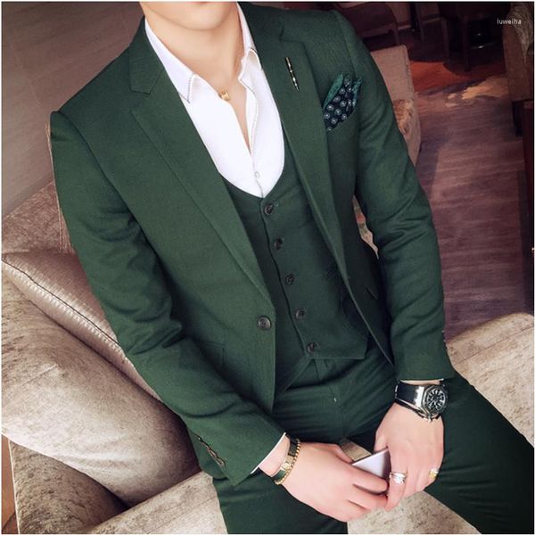 Men's Suits KUSON 2023 Dark Green Mens Slim Fit Sets (Jacket Pants Vest) Stylish Designer Party Costume Homme Marriage Tuxedos