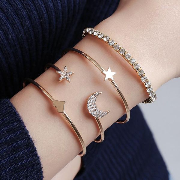 Armreif Trendy Geometrische Link Kette Armband Set Für Frauen Mond Stern Anhänger Offene Gold Silber Farbe Schmuck