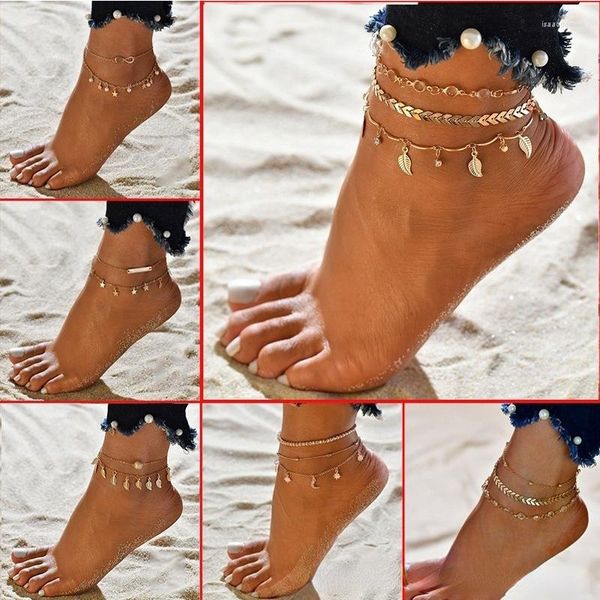 Cavigliere moda cristallo multistrato per le donne colore oro acciaio inossidabile estate spiaggia gioielli stella foglia piedi creativi catena