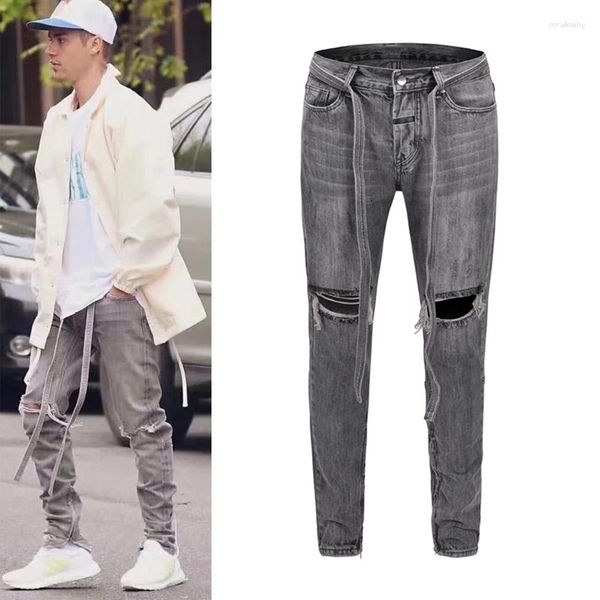 Erkekler kot markası high Street Yıpranmış Delik Pantolon Retro Düz sıkıntılı Yırtık Rasim Boyutlu Boyutlu Boy Boylu Denim Pantolon