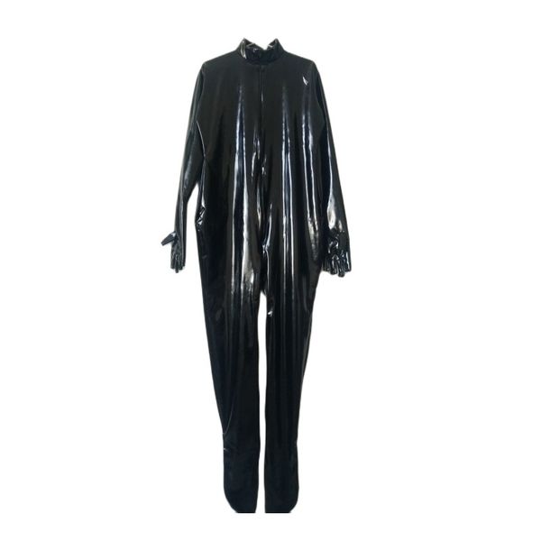 Macacão preto de couro sintético de PVC com meio dedo fantasias de cosplay Catsuit Clubwear roupas de festa macacão com zíper frontal