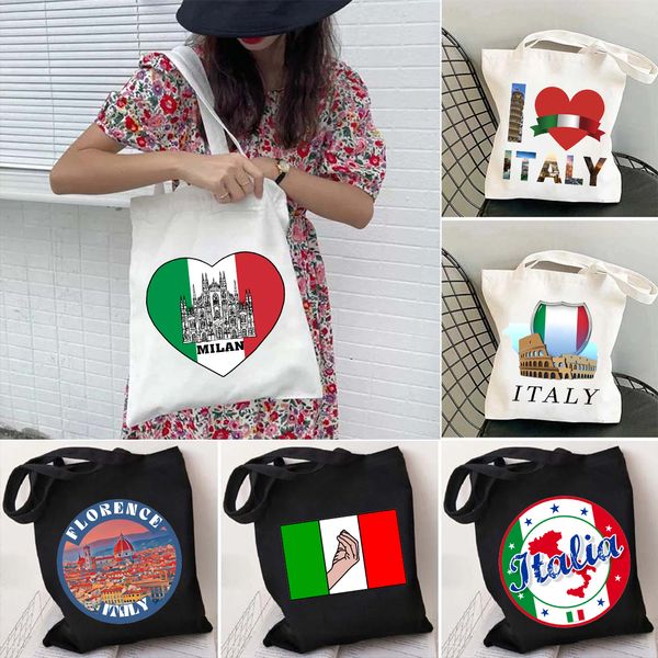 Sacos de noite italiano Florença Torre de Pisa Milão Sicilia Italia Roma Mapa da bandeira da Itália Génova Compras Ombro Lona Bolsas de compras 230707