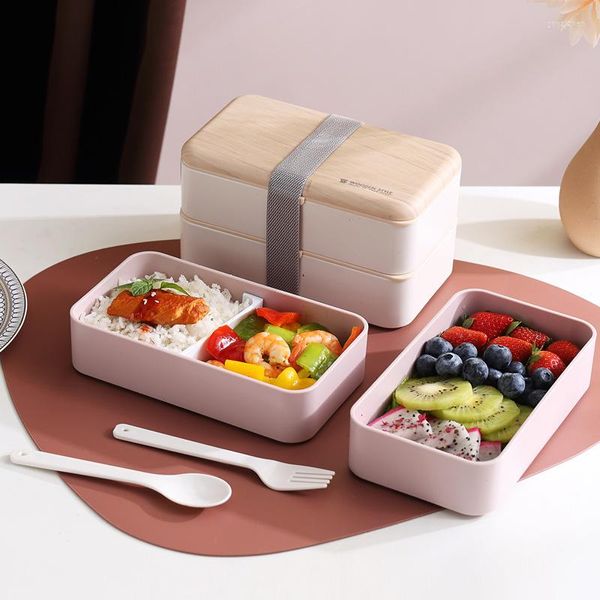 Geschirr-Sets, Mikrowellen-Doppelschicht-Lunchbox, Holzstil, Bento, tragbare Behälter, Boxen, Löffel, Essstäbchenbehälter