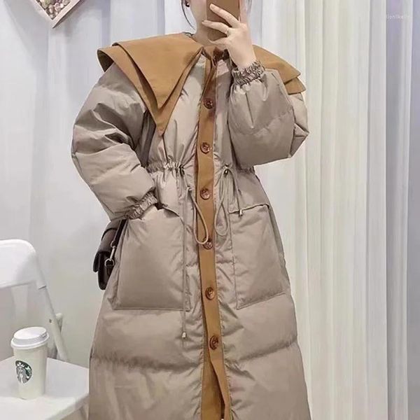 Trench Coats Feminino 2023 Moda Coreana Jaqueta de Algodão Long Down Vintage Quente Gola de Boneca Feminina Doce Coleção de Inverno Cintura Parkas Casaco