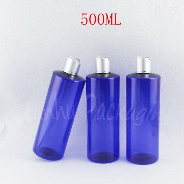 Garrafas de armazenamento 500ML Garrafa plástica de ombro plano azul 500CC Recipiente cosmético vazio Gel de banho / Embalagem de loção (15 unidades/lote)