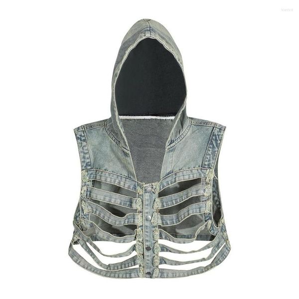 Gilet da uomo scava fuori con cappuccio denim uomo lavato sciolto lunghezza corta monopetto senza maniche cappotti casual estivi