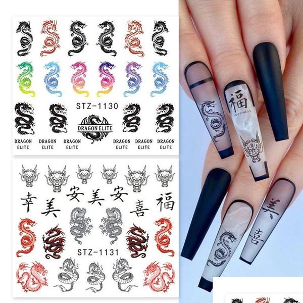 Adesivi Decalcomanie Dragon Snake Nail Rosso Nero Gotico Design Water Slider Manicure cinese Unghie Art Decor Chstz1114-1137 Drop Delive Dhc5O