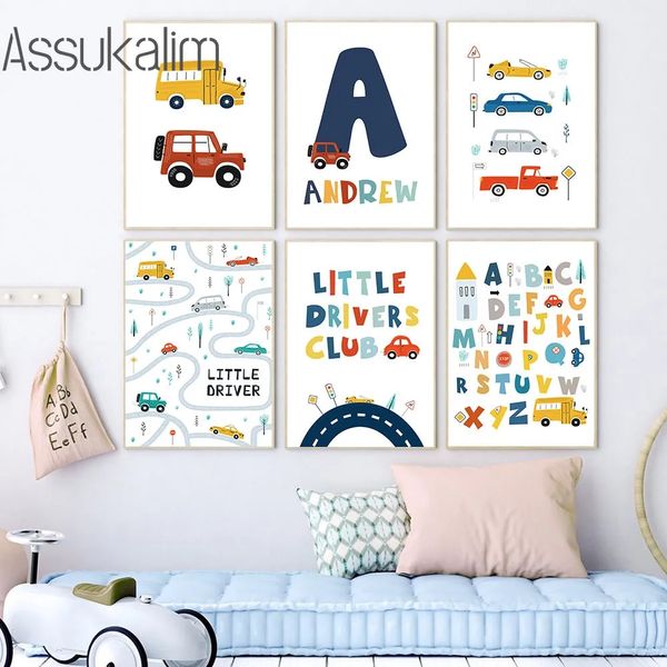 Nome personalizzato Wall art giocattolo auto tela pittura alfabeto immagini poster stampe artistiche nordiche poster di vivaio poster per bambini decorazioni non cornulanti