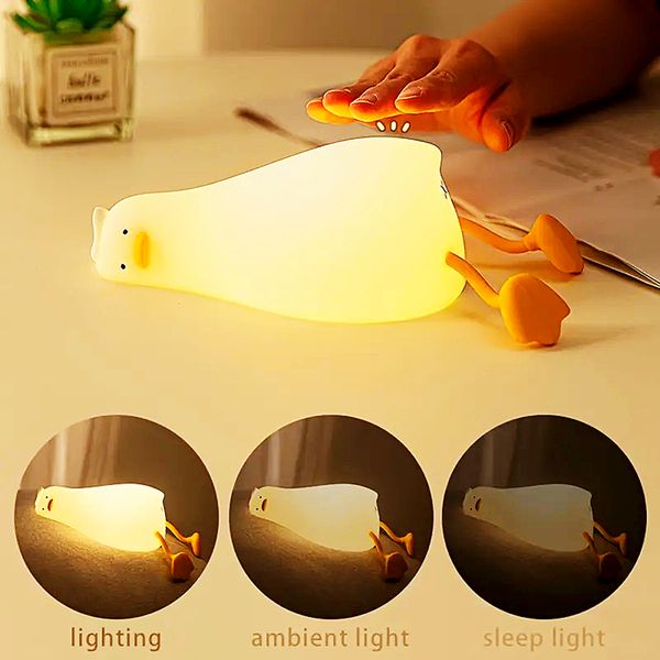 Cartoon Funny Fall Down Lying Flat Duck Night Light, Lampada a LED Squishy Duck Bianco caldo, Lampada touch da comodino in silicone ricaricabile per bambini che allattano