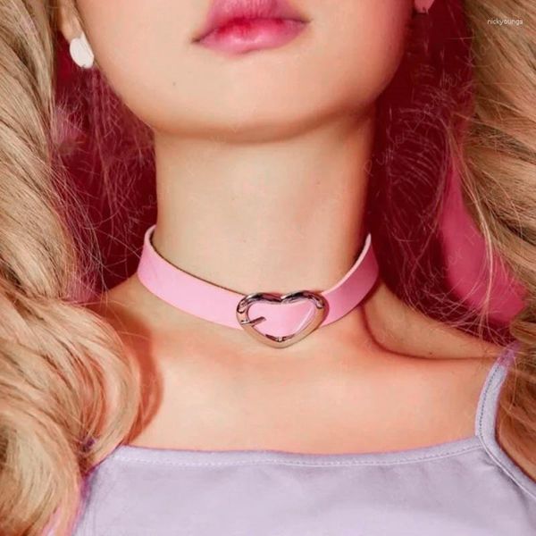 Halsband Sexy Harajuku Rosa PU Leder Frauen Halsketten Herz Metall Schnalle Punk Kragen Hochzeit Braut Geschenk Schmuck Zubehör