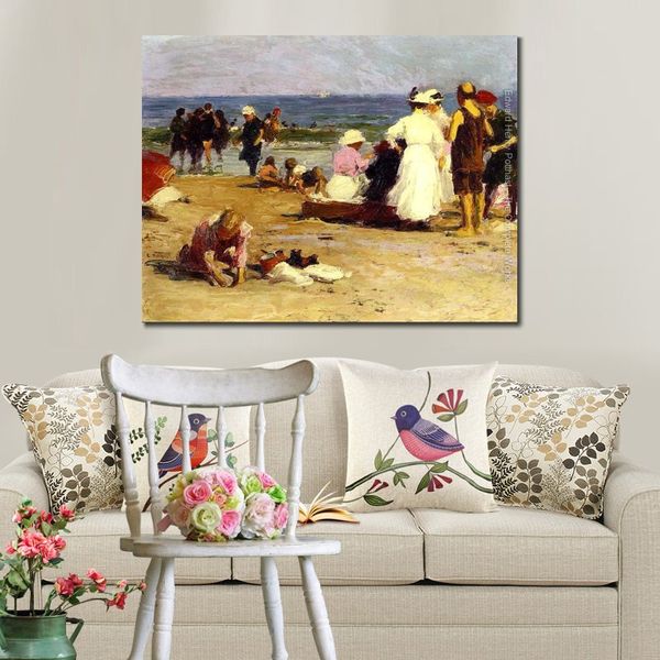 Arte em tela para crianças Edward Henry Potthast pintura Banhistas no surf Arte de praia feita à mão Decoração de quarto infantil