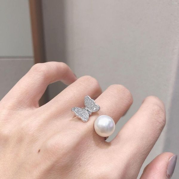 Cluster Rings Moda 925 Silver Sterling Pearl Ring Para Mulheres Borboleta Pave Simulado Diamante Dedo Jóias Menina Presente Atacado