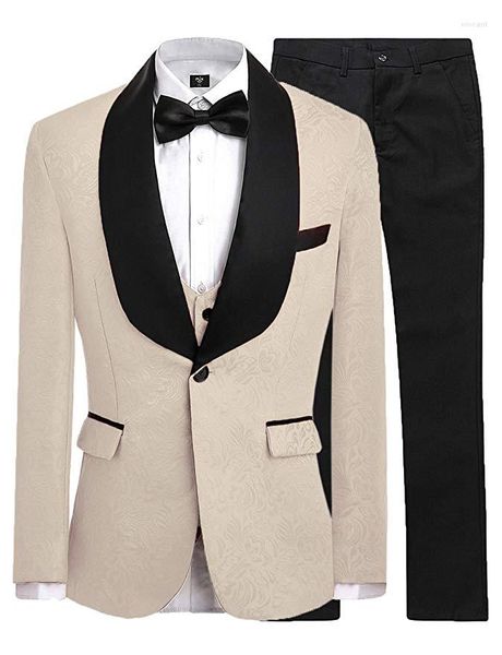 Herrenanzüge Champagner Trauzeugen One Button Bräutigam Smoking Schal Schwarz Satin Revers Männer Hochzeit Mann (Jacke Hose Weste Krawatte) C491