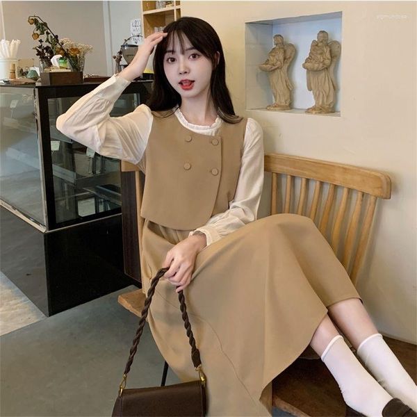 Vestidos casuais femininos conjunto sólido temperamento outono mulher moda coreana terno tops 2 peças fino elegante 2023 longo