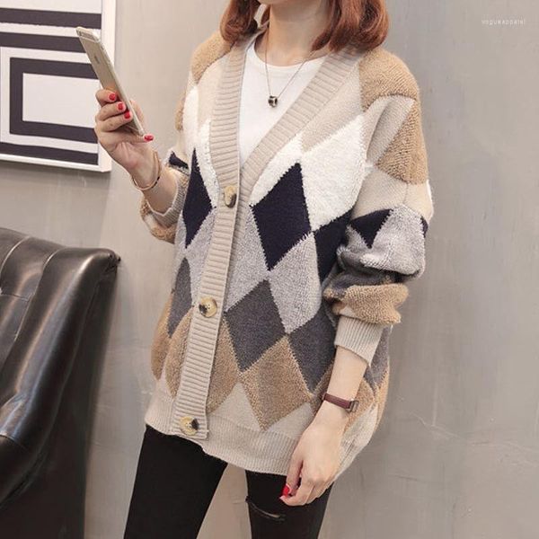 Malha feminina outono inverno estampa geométrica suéter cardigã feminino casual solto streetwear casaco plus size contraste