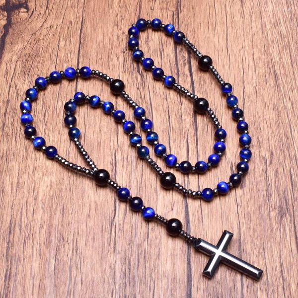 Подвесные ожерелья натуральный камень темно -синий глаз тигра Onyx Rosary с поперечным гематитовым ожерельем для человека католические религиозные украшения