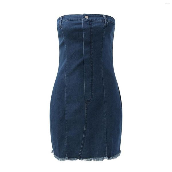 Vestidos Casuais Sexy Denim Vestido Envoltório Quadril Feminino Fora do Ombro Ajuste Justo Mini Back Zip Strapless Button Vestidos Para Mujer