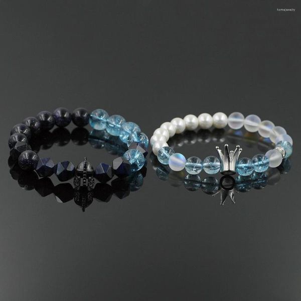 Strand Aço Inoxidável Sparta Crown Charm Bracelets Natural Tiger Eye Blue Stone Pearls Casal Bead Para Amantes Jóias Presentes