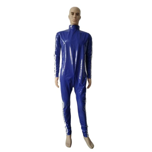 Cosplay-Halloween-Kostüme, blauer Zentai-Strumpfhosenanzug aus PVC-Kunstleder, Sportoverall mit seitlichen weißen Streifen, ohne Handschuhe und Fuß