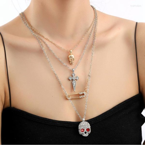 Anhänger Halsketten Vintage Strass Pin Schädel Kreuz Halskette Gothic Punk Frauen Männer Multilayer Neckalce Party Schmuck Zubehör