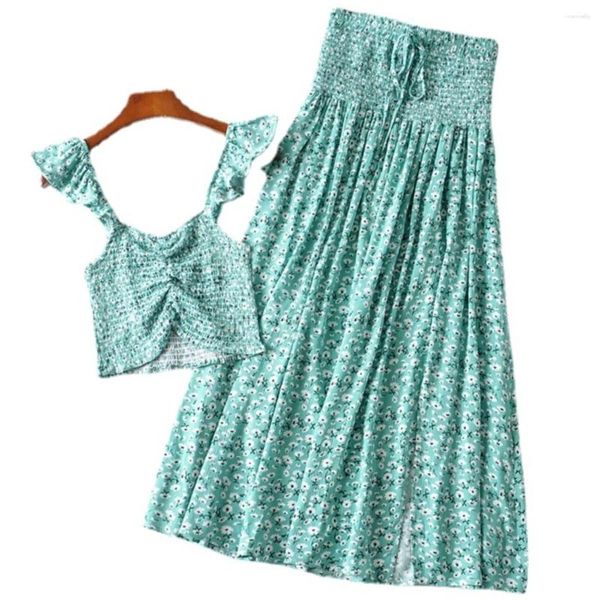 Vestidos de Trabalho 2 Peças Conjuntos Boho de Algodão Rayon Conjuntos de Duas Peças Tops Alças Sem Mangas Saias Maxi Boêmias com Cordão