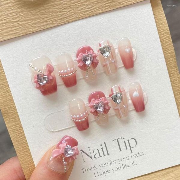 Ложные ногти ручной розовой пресс на милый корейский дизайн среднего многократного многократного клей