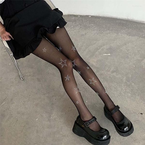 Kadınlar SOWKS Yıldız Bow Diamond Rhinestone Seksi Taytlar Mesh Fishnet Panthhose Uyluk Yüksek Çoraplar Anti-Hook JK Lolita Kızlar Kawaii Sıkı