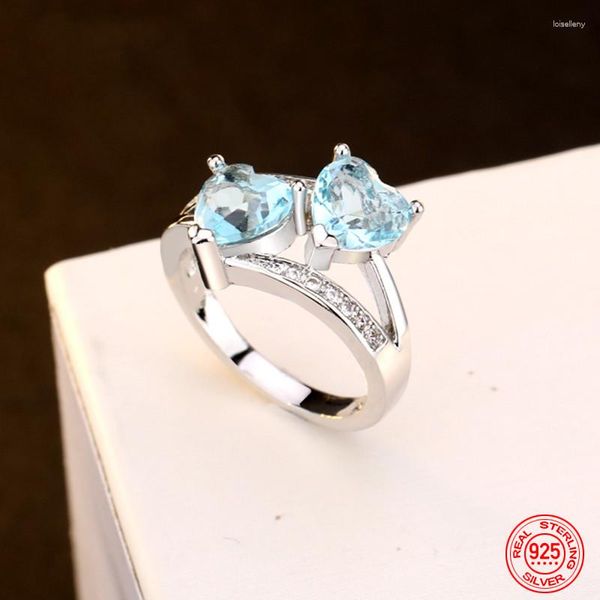 Cluster Anéis Prata Esterlina 925 Charm Coração Anel Aquamarine Para Mulheres Moda Jóias Casamento Festa Presente