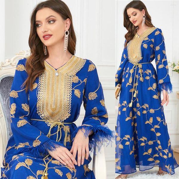 Abbigliamento etnico Abito da sera elegante blu royal Ricamo Maniche lunghe Applique di piume Abiti da festa musulmani del Medio Oriente Ramadan Abaya