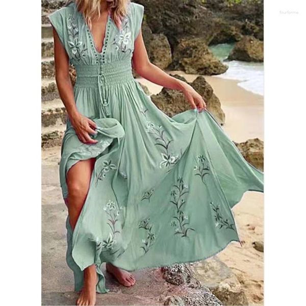 Повседневные платья моды без рукавов V шея высокая талия пляж пляж длинное макси -платье Y2K Женская летняя цветочная принцип богемен
