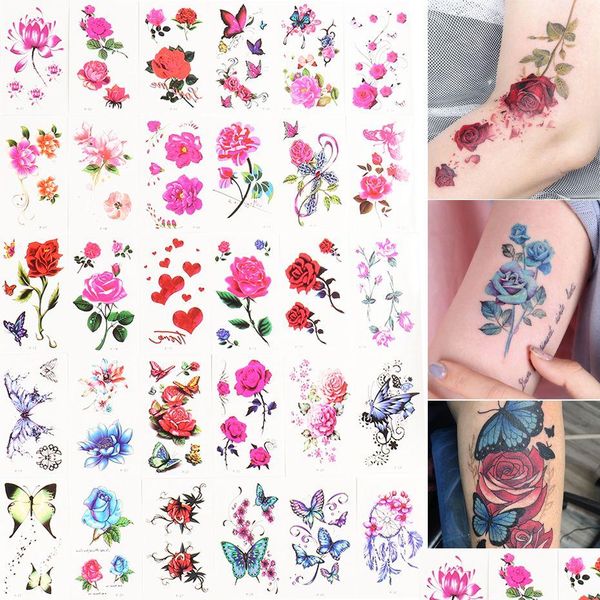 Aufkleber Aufkleber 30 teile/los Rose Blume Wasser Transfer Tattoo Schmetterling Frauen Körper Arm Gefälschte Hülse Kunst Temporäre Dekorationen Drop de Dht4Q